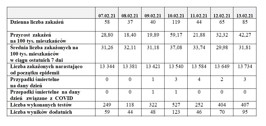 Tabela zakażenia, liczba wykonanych testów Toruń 14/02/2021