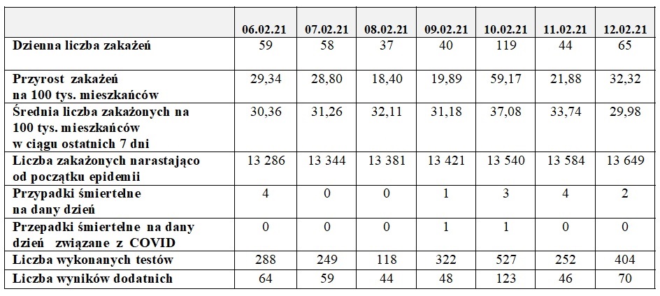 Tabela zakażenia, liczba wykonanych testów Toruń 13/02/2021