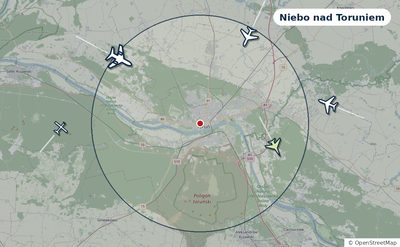 Mapa okolic miasta z sylwetkami samolotów — Niebo nad Toruniem na żywo