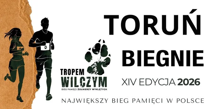 Grafika promocyjna wydarzenia Bieg Tropem Wilczym 2026 Toruń — trasy 196,3 m / 1963 m / 5 km / 10 km