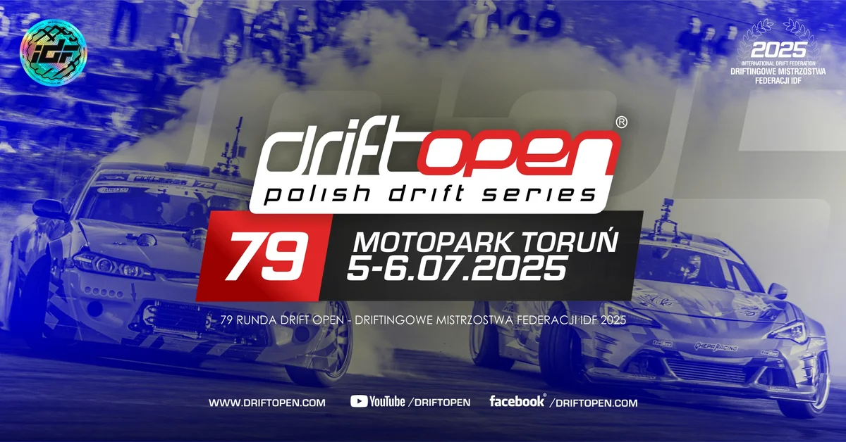 Grafika promocyjna wydarzenia Drift Open 2025 – druga runda na torze MotoPark w Toruniu