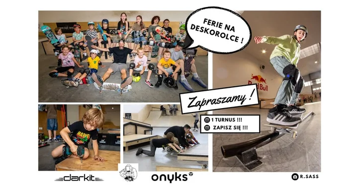 Grafika promocyjna wydarzenia Ferie na Deskorolce Toruń 2026 — zimowe warsztaty deskorolkowe dla dzieci