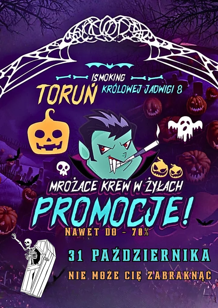 Grafika promocyjna wydarzenia Halloween ISMOKING Toruń: Eliksir odwagi, Czarna Lista Smaków i Duchy