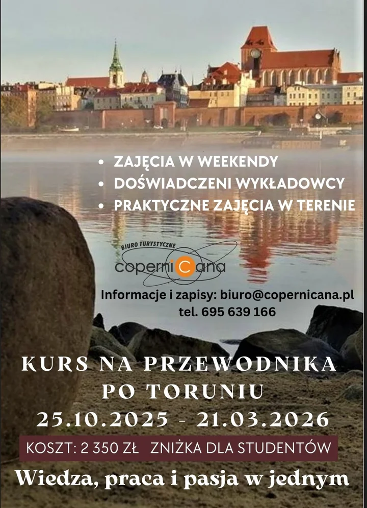 Obrazek przedstawia grafikę promocyjną wydarzenia Kurs na przewodnika po Toruniu — edycja 2025/26