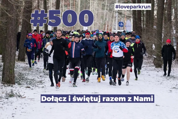 Grafika promocyjna wydarzenia parkrun Toruń — 500. edycja (5 km w lasku Na Skarpie)
