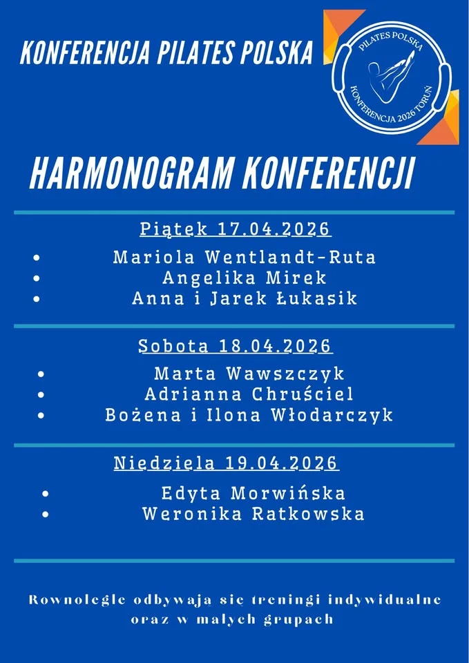 Grafika promocyjna wydarzenia Pilates Polska Konferencja Toruń 2026 — trzy dni warsztatów i wykładów