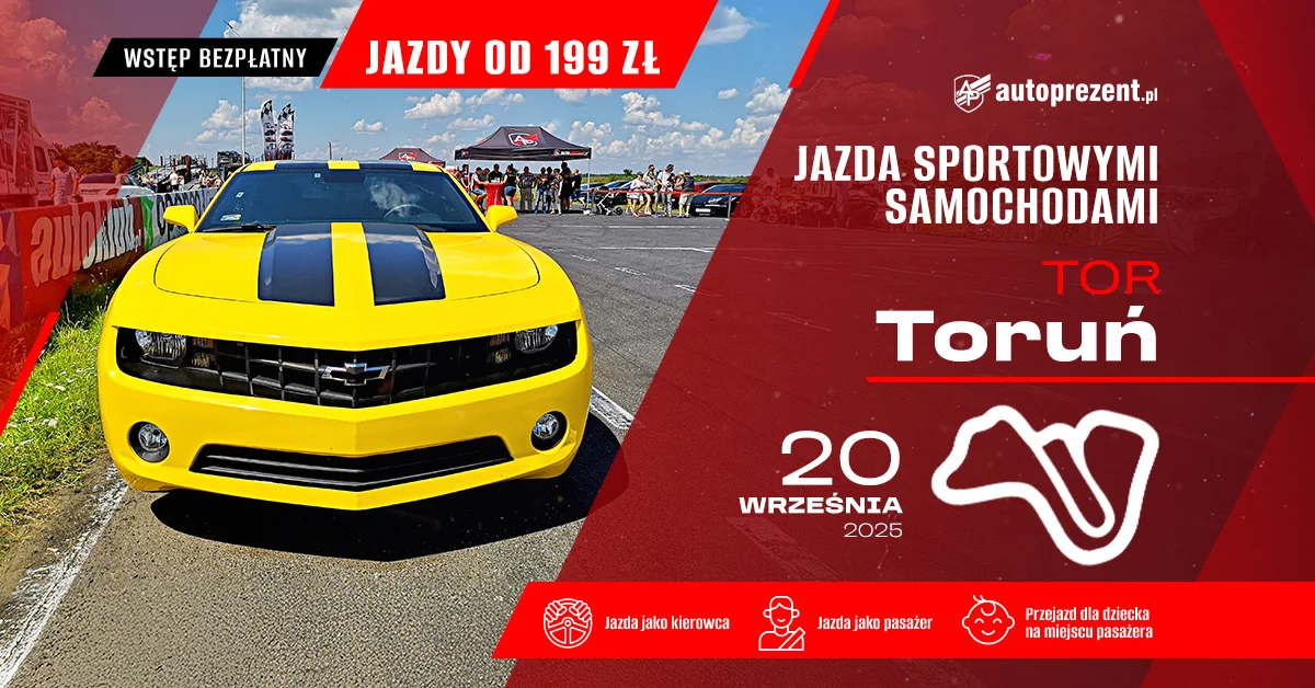 Grafika promocyjna wydarzenia Przejażdżki sportowymi samochodami na torze w Toruniu