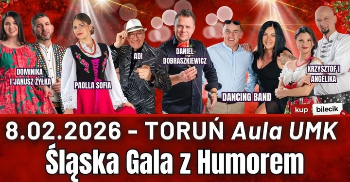 Grafika promocyjna wydarzenia Śląska Gala z Humorem w Toruniu — koncert szlagierów 8 lutego 2026