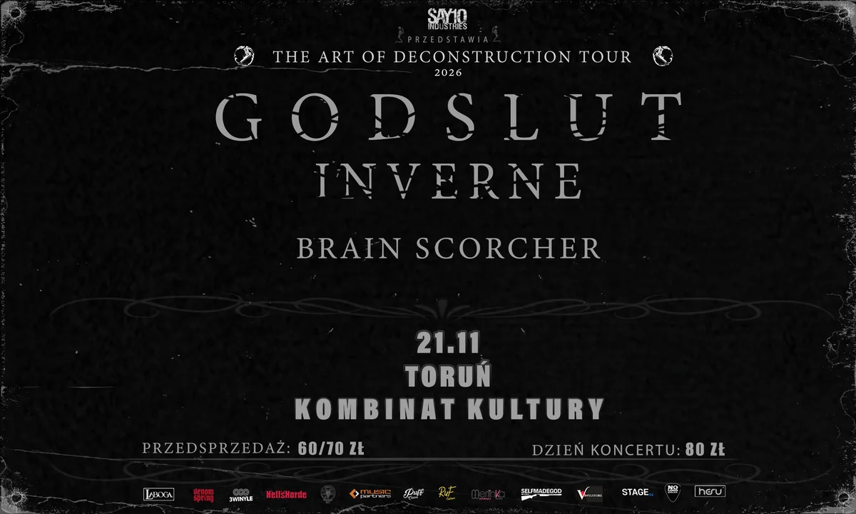 Grafika promocyjna wydarzenia TAOD Tour w Toruniu: Godslut i Inverne w Kombinacie Kultury