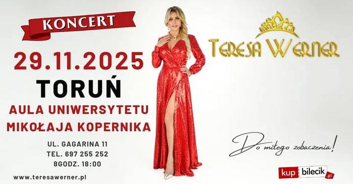 Obrazek przedstawia grafikę promocyjną wydarzenia Koncert Teresy Werner w Toruniu – data, miejsce i bilety