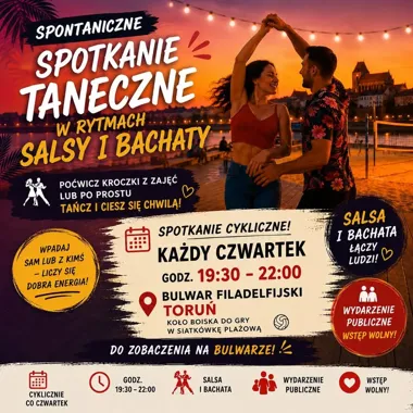 Grafika promocyjna wydarzenia Salsa & Bachata na Bulwarze – Toruń. Taniec plenerowy