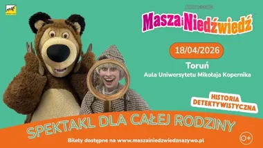 Grafika promocyjna wydarzenia Masza i Niedźwiedź – historia detektywistyczna w Toruniu