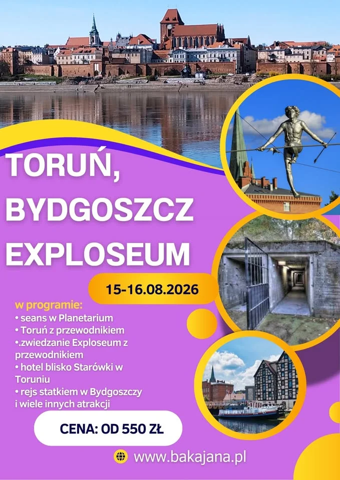 Grafika promocyjna wydarzenia Weekend Toruń — Bydgoszcz i Exploseum: krótka propozycja wyjazdu
