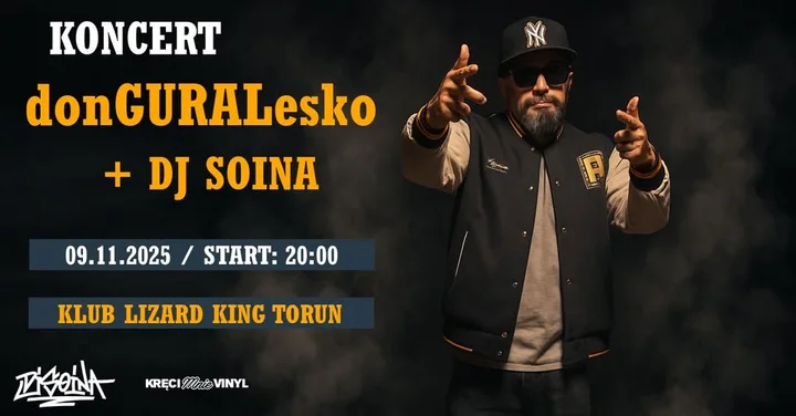 Obrazek przedstawia grafikę promocyjną wydarzenia donGURALesko z DJ Soiną w Toruniu — koncert w klubie Lizard King