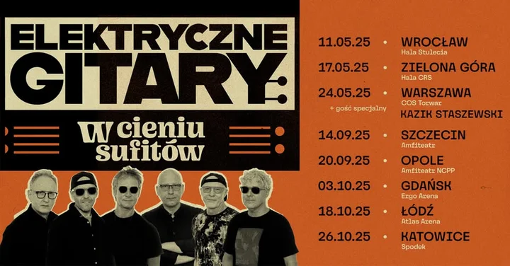 Obrazek przedstawia grafikę promocyjną wydarzenia Trasa koncertowa Elektrycznych Gitar „W cieniu sufitów” — terminy i miejsce w Toruniu