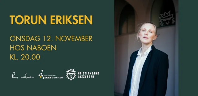 Obrazek przedstawia grafikę promocyjną wydarzenia Torun Eriksen z zespołem — koncert w Kristiansand