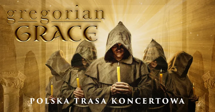 Grafika promocyjna wydarzenia Gregorian Grace w Toruniu — chorał gregoriański spotyka rock i pop