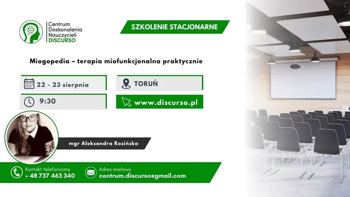 Grafika promocyjna wydarzenia Miogopedia — terapia miofunkcjonalna praktycznie (TORUŃ, 22–23 sierpnia 2026)