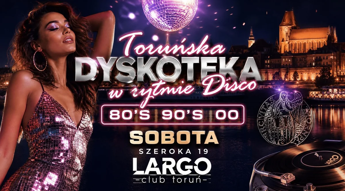 Grafika promocyjna wydarzenia Toruńska Dyskoteka w Rytmie Disco – hity 80-2000