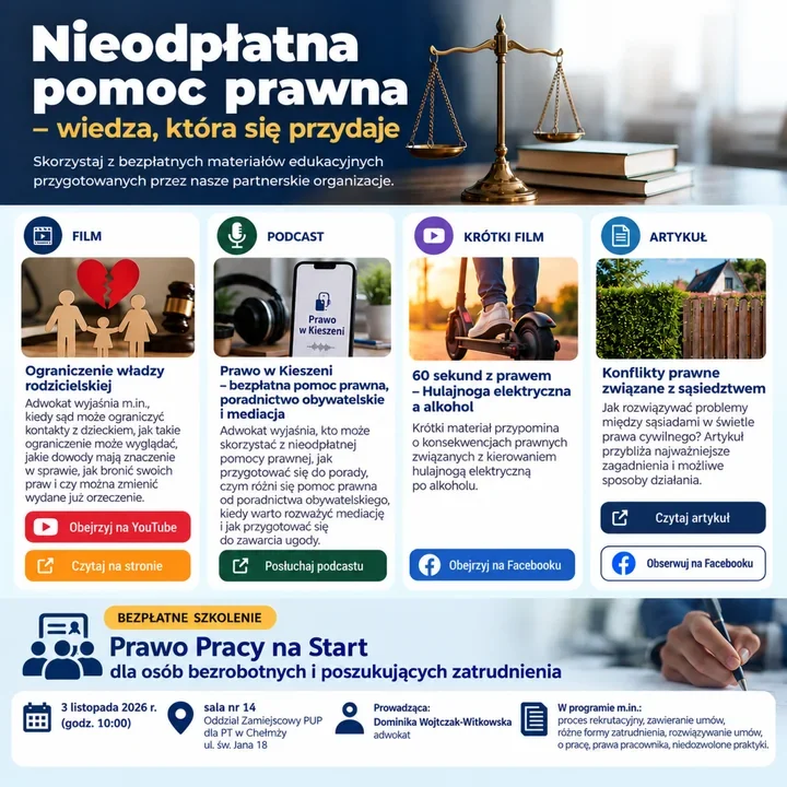 Bezpłatna pomoc prawna w powiecie toruńskim. Jest też szkolenie dla bezrobotnych